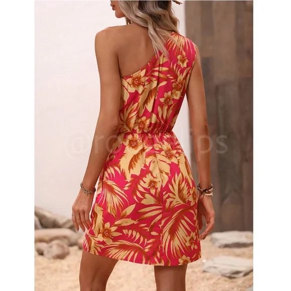 One Shoulder Floral Print on Pink Yellow Mini Dress Tie Side Overlapping Skirt - Picture 4 of 8